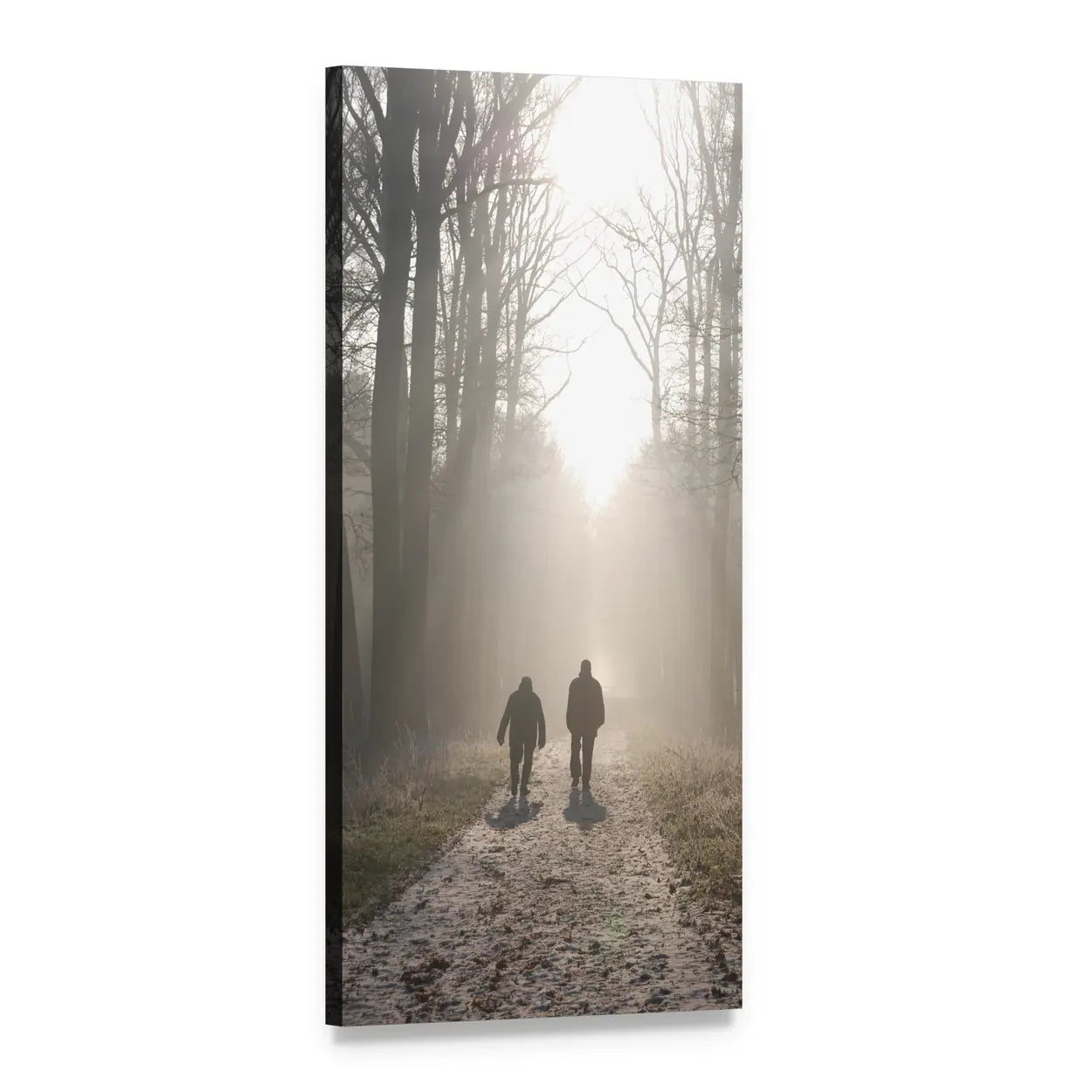 Two Silhouettes on Misty Forest Path Vertical Canvas Wall Art, 1 panel 1 Vertical layout gallery wrapped canvas set, angled product view