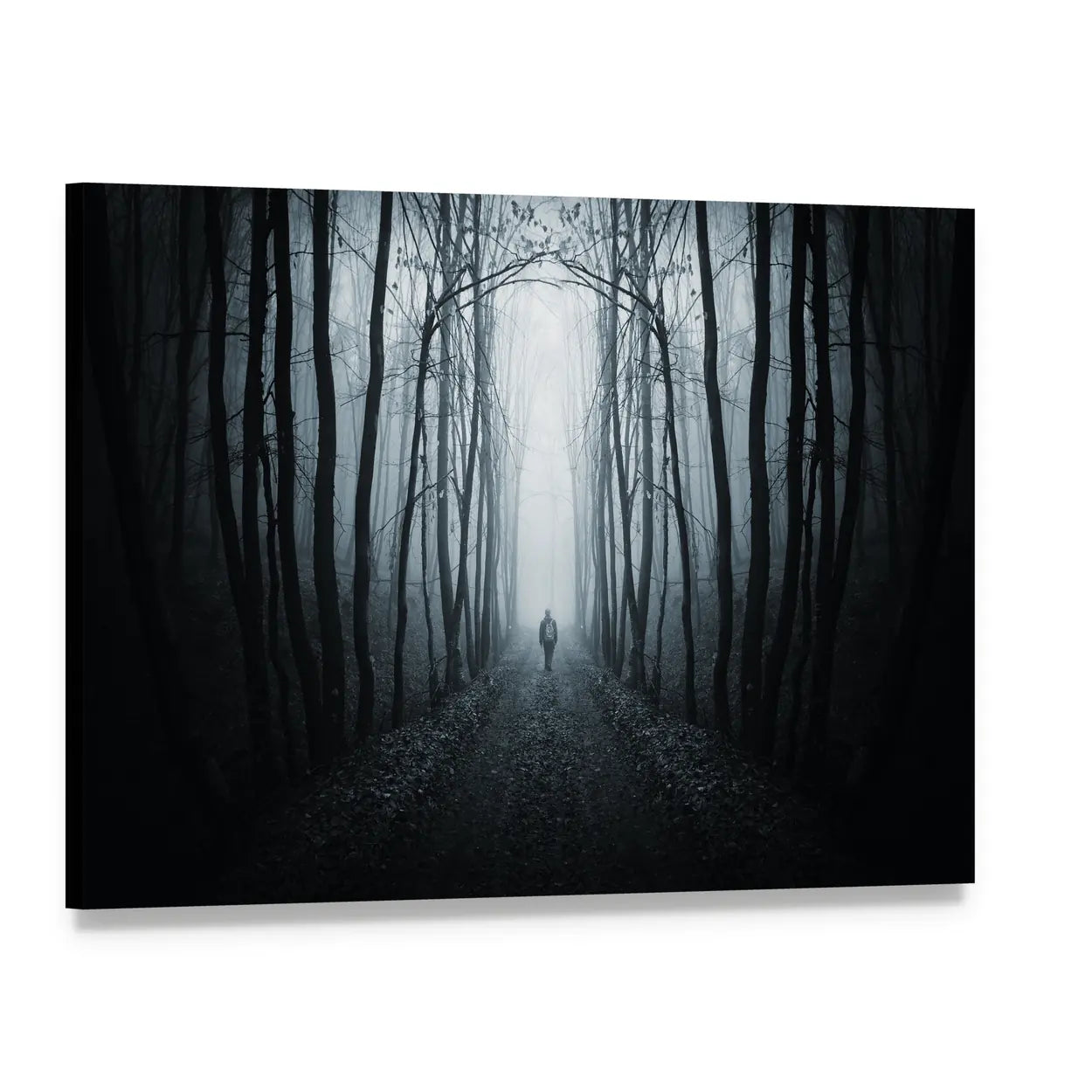 Solitary Figure on Misty Forest Path Canvas Wall Art, single panel gallery wrapped canvas, angled product view
