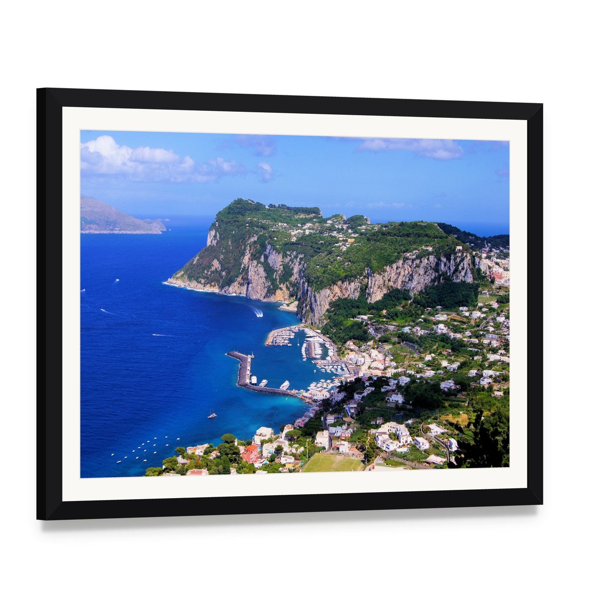 Aerial View of Capri Harbor Canvas Wall Art, framed print with white mat and black frame, angled product view