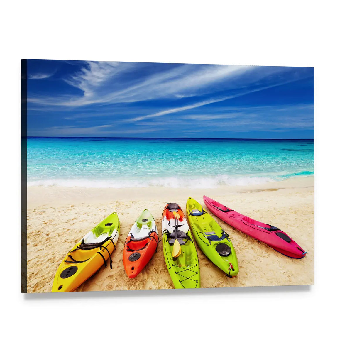 Five Colorful Kayaks on Tropical Beach Canvas Wall Art, single panel gallery wrapped canvas, angled product view