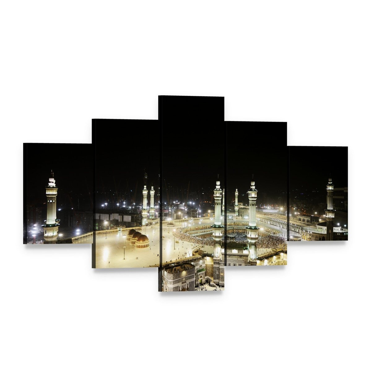 Illuminated Kaaba at Night Canvas Wall Art, 5 panel 5 Star layout gallery wrapped canvas set, angled product view