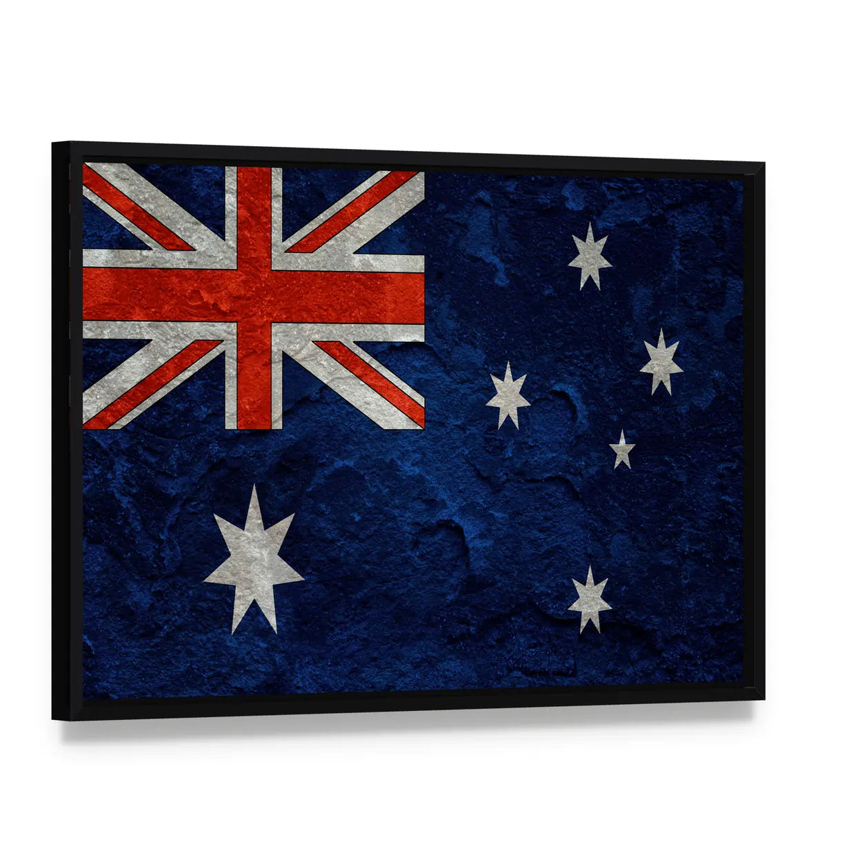 Grunge Australian Flag Canvas Wall Art, framed canvas in a black floater frame, angled product view