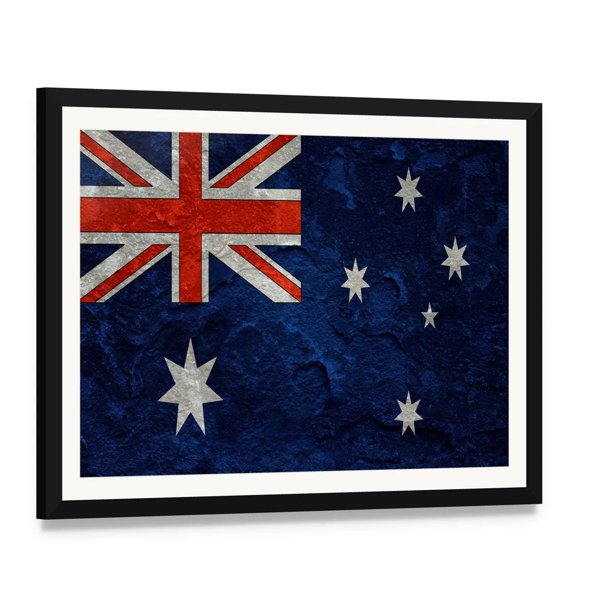 Grunge Australian Flag Canvas Wall Art, framed print with white mat and black frame, angled product view