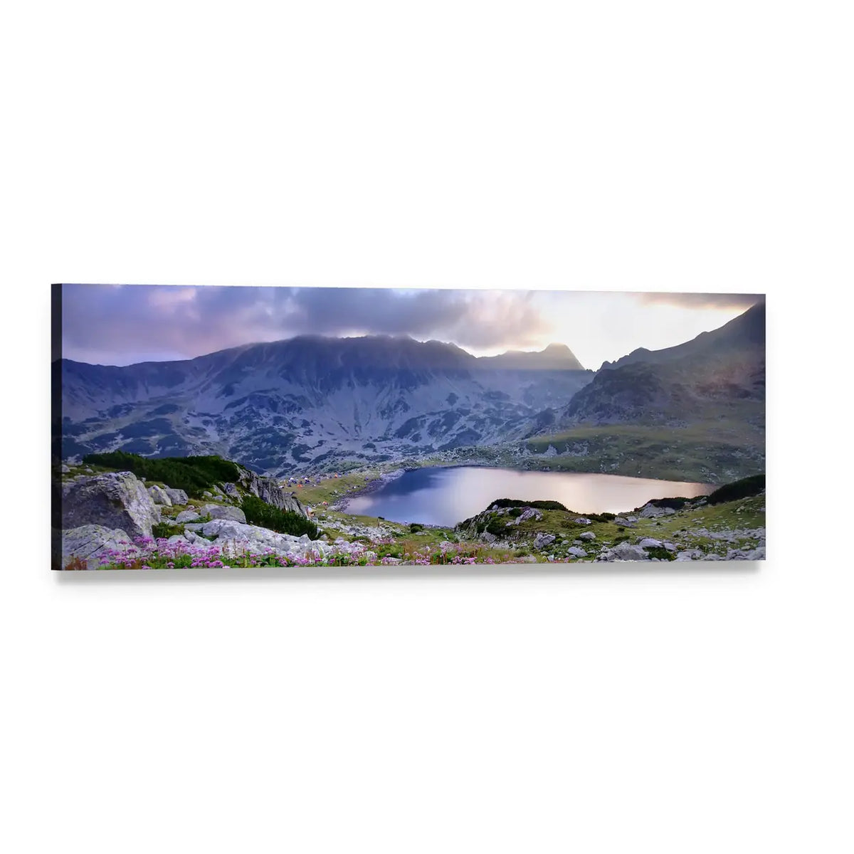Retezat Alpine Lake with Wildflowers Panoramic Canvas Wall Art, single panel gallery wrapped canvas, angled product view