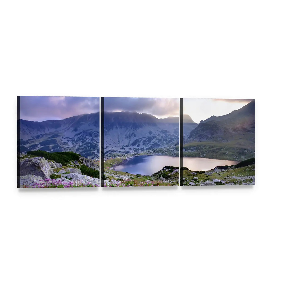 Retezat Alpine Lake with Wildflowers Panoramic Canvas Wall Art, 3 panel 3 Piece layout gallery wrapped canvas set, angled product view