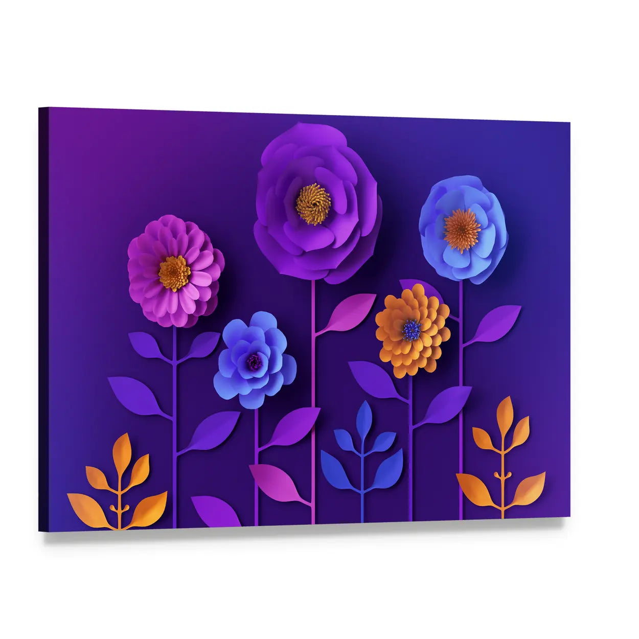 Colorful 3d Paper-cut Flowers Canvas Wall Art, single panel gallery wrapped canvas, angled product view