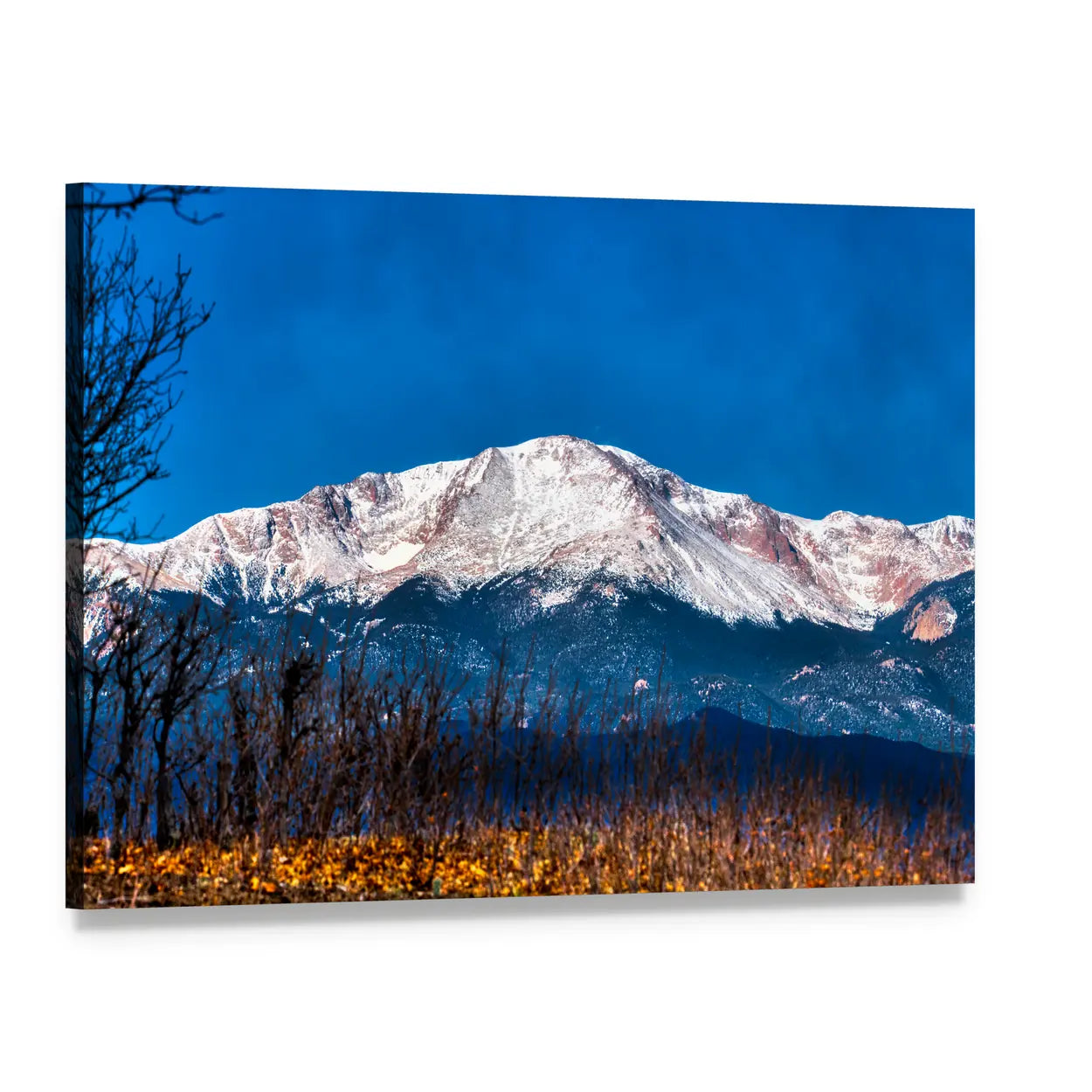 Pikes Peak Snow-capped Mountain Canvas Wall Art, single panel gallery wrapped canvas, angled product view