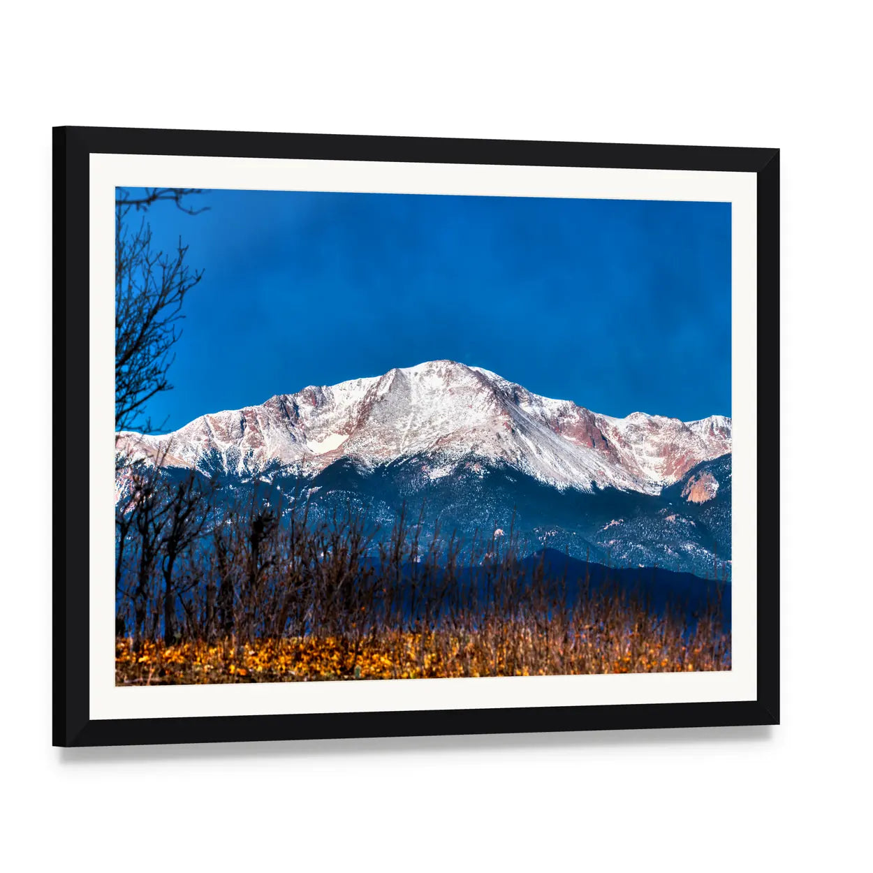 Pikes Peak Snow-capped Mountain Canvas Wall Art, framed print with white mat and black frame, angled product view