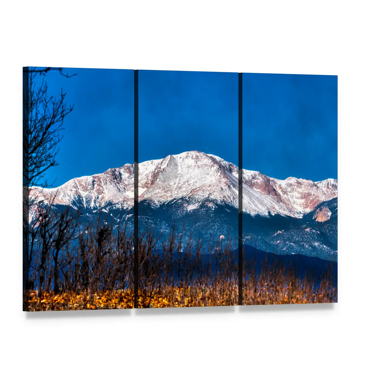 Pikes Peak Snow-capped Mountain Canvas Wall Art, 3 panel 3 Horizontal layout gallery wrapped canvas set, angled product view