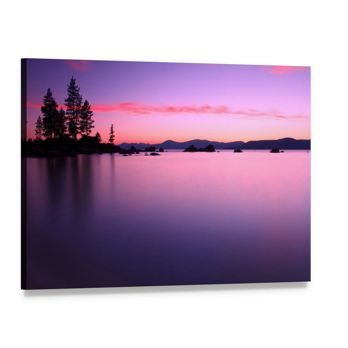 Lake Tahoe Sunset Reflection Canvas Wall Art, single panel gallery wrapped canvas, angled product view