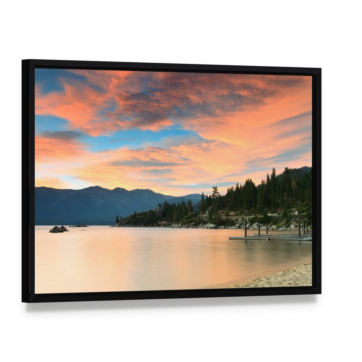 Lake Tahoe Sunset Over Pier Canvas Wall Art, framed canvas in a black floater frame, angled product view