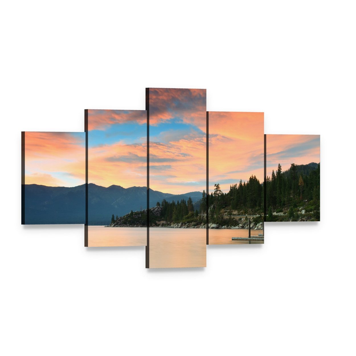 Lake Tahoe Sunset Over Pier Canvas Wall Art, 5 panel 5 Star layout gallery wrapped canvas set, angled product view