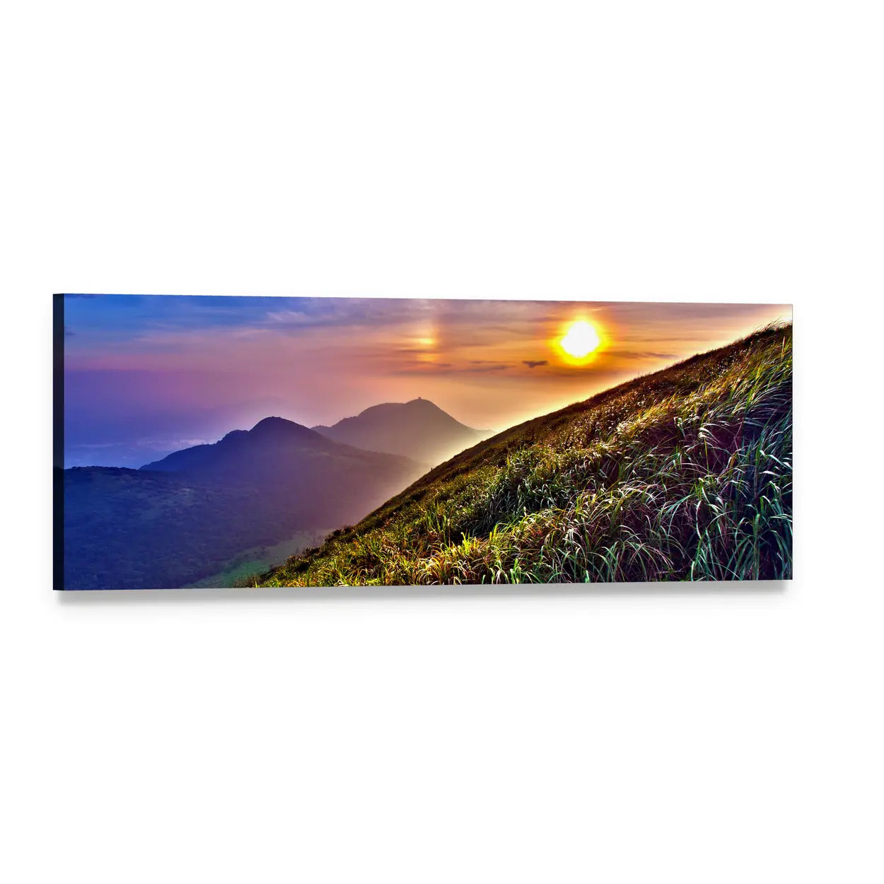 Sunset Over Layered Mountain Silhouettes Panoramic Canvas Wall Art, single panel gallery wrapped canvas, angled product view
