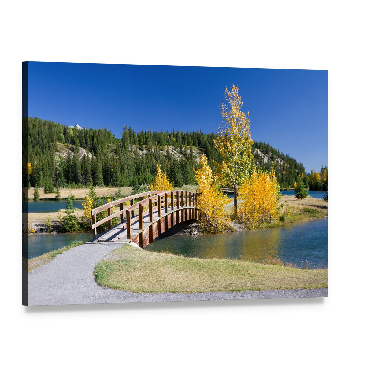 Curving Wooden Bridge Over Autumn Lake Canvas Wall Art, single panel gallery wrapped canvas, angled product view