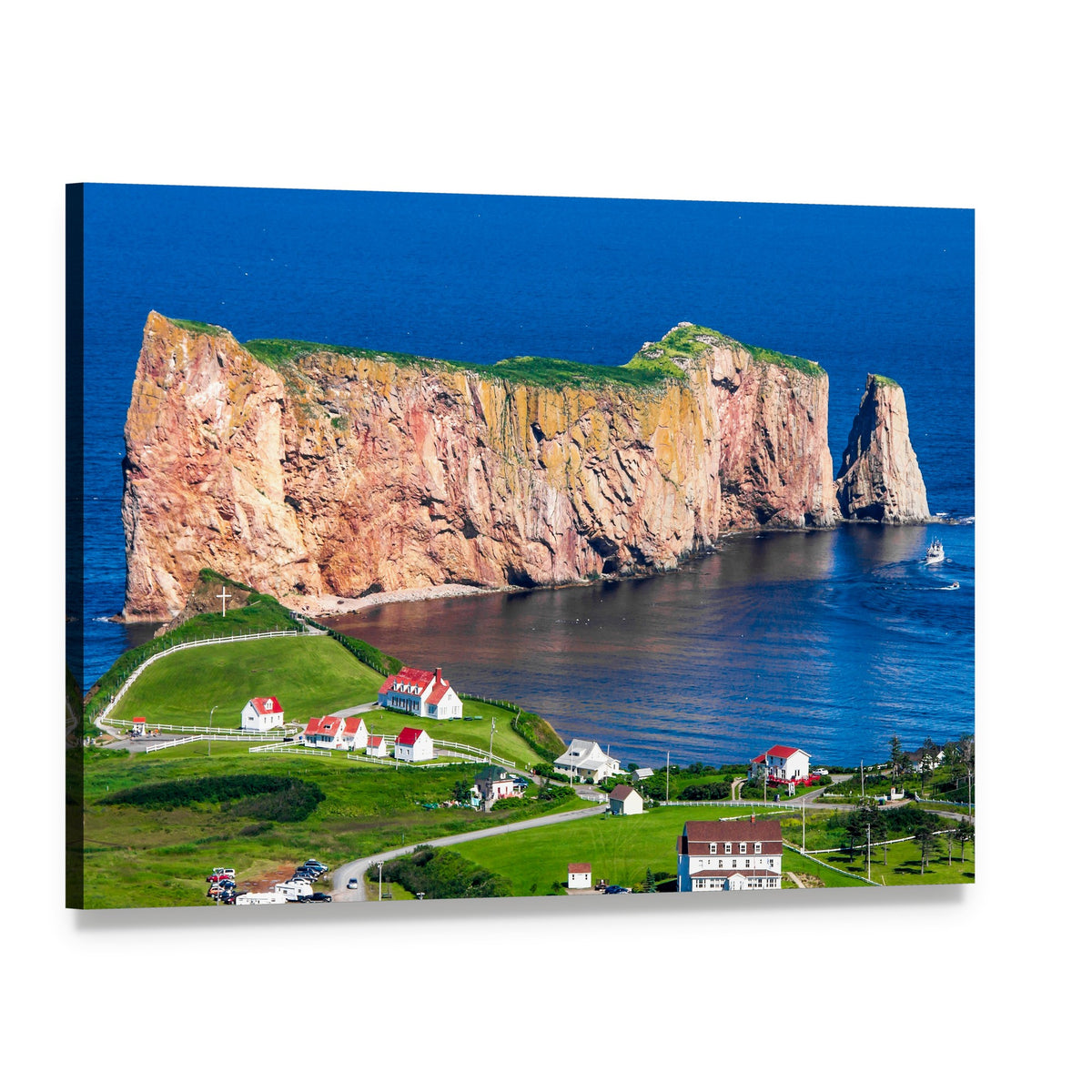 Rocky Cliffside Village by the Sea Canvas Wall Art, single panel gallery wrapped canvas, angled product view