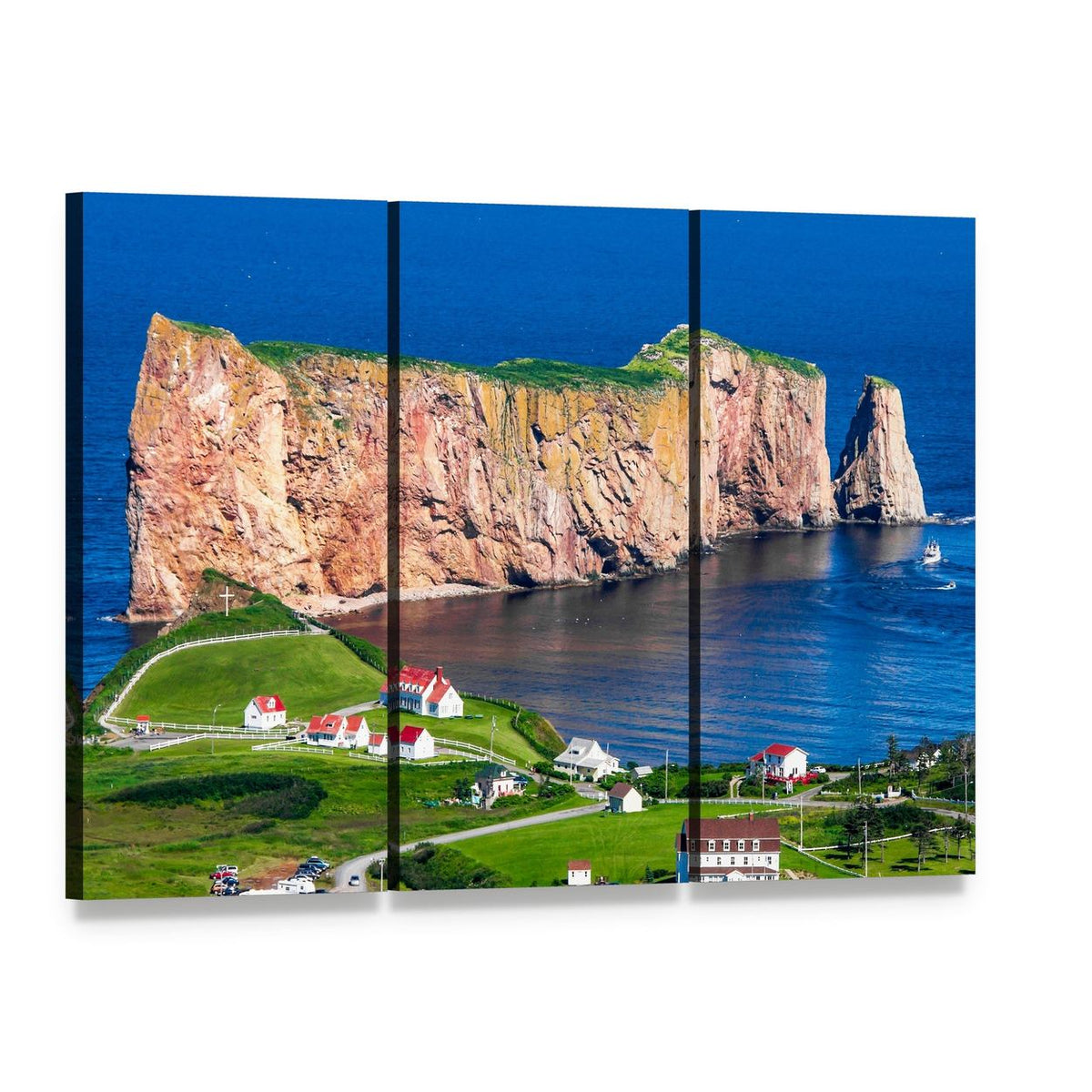 Rocky Cliffside Village by the Sea Canvas Wall Art, 3 panel 3 Horizontal layout gallery wrapped canvas set, angled product view