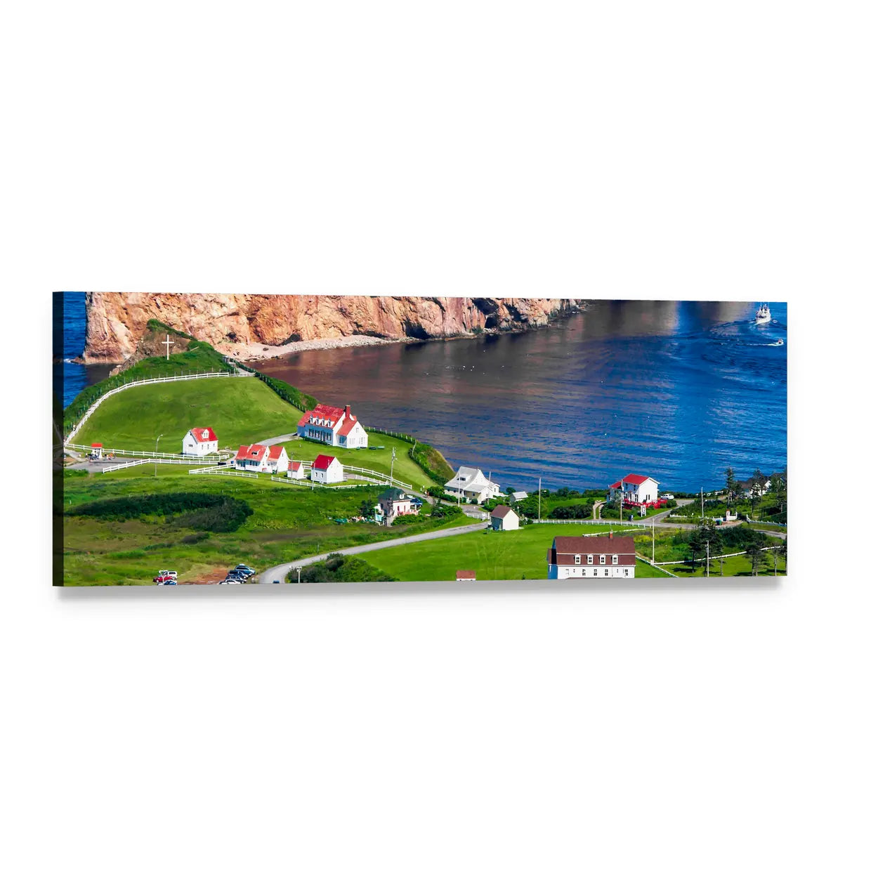 Coastal Village with Red Roofs and Bay Panoramic Canvas Wall Art, single panel gallery wrapped canvas, angled product view