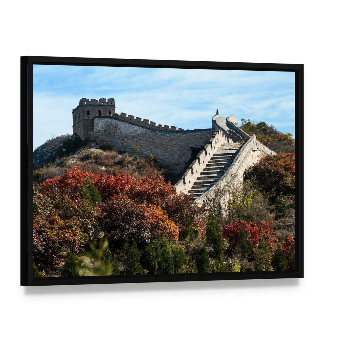 Great Wall in Autumn Canvas Wall Art, framed canvas in a black floater frame, angled product view