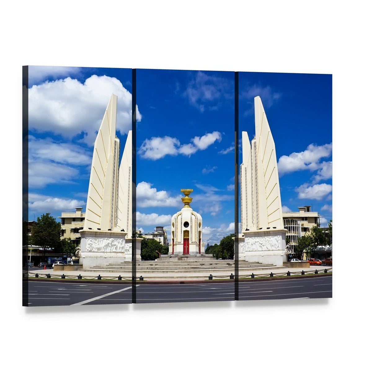Democracy Monument Bangkok Canvas Wall Art, 3 panel 3 Horizontal layout gallery wrapped canvas set, angled product view