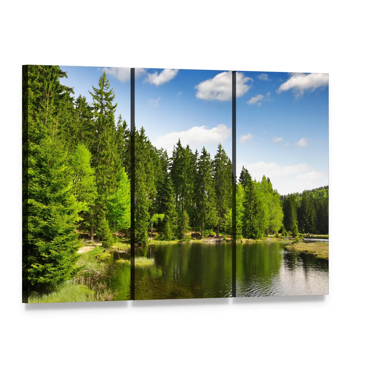 Small Arber Lake Landscape Canvas Wall Art, 3 panel 3 Horizontal layout gallery wrapped canvas set, angled product view