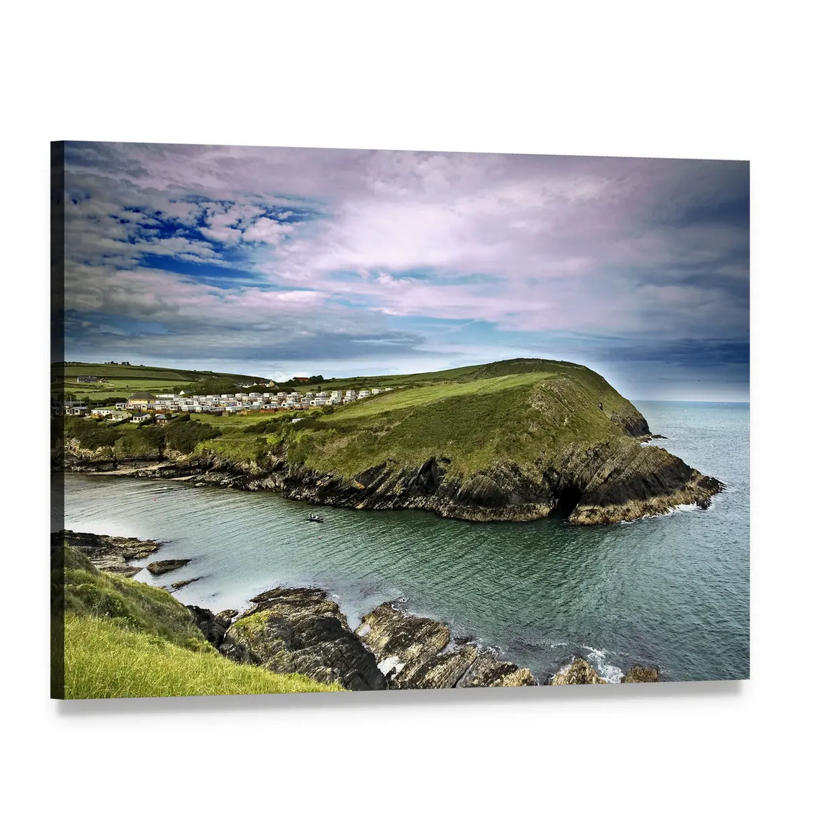 Coastal Cliffs with Distant White Village Canvas Wall Art, single panel gallery wrapped canvas, angled product view