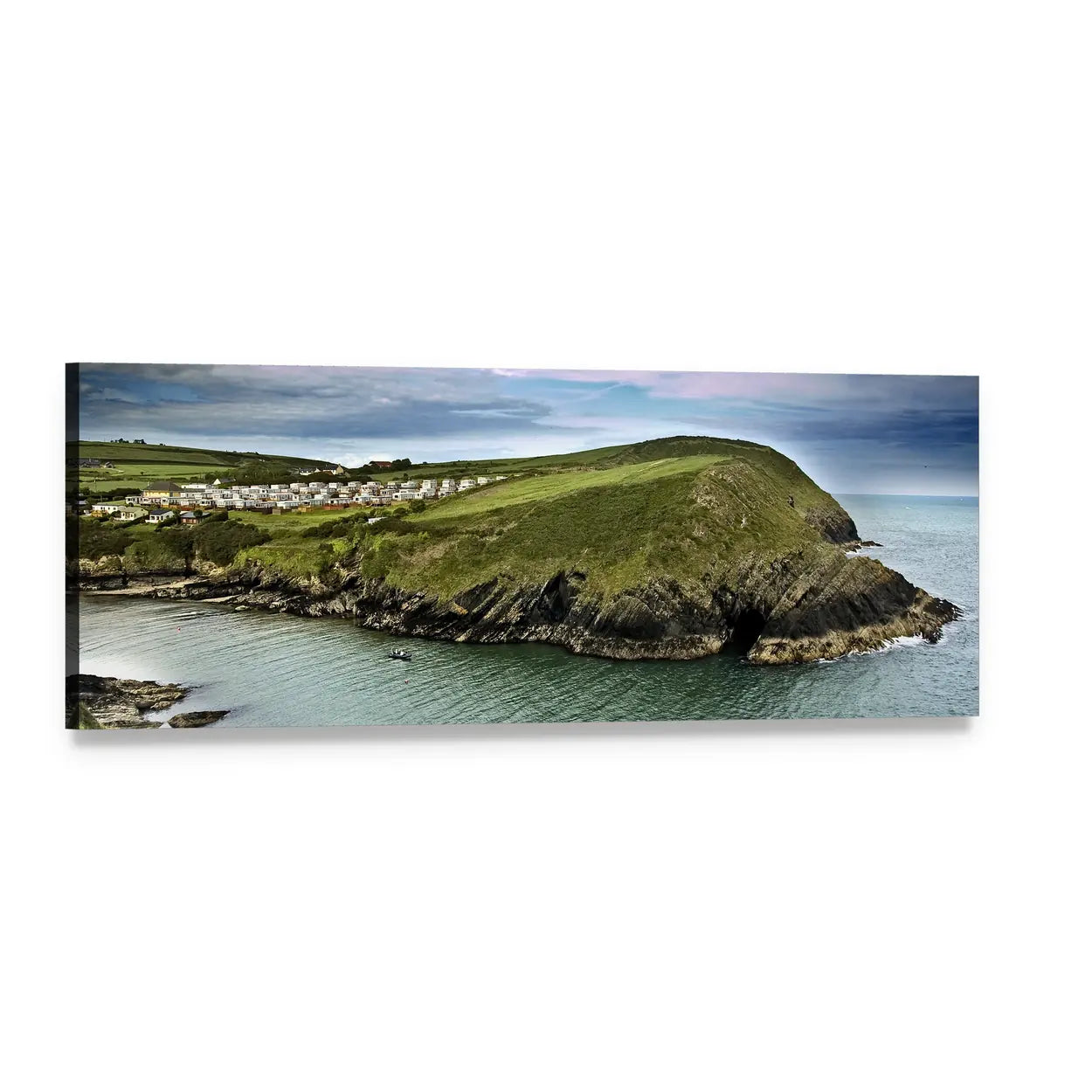Coastal Cliffs with Hillside Village Panoramic Canvas Wall Art, single panel gallery wrapped canvas, angled product view