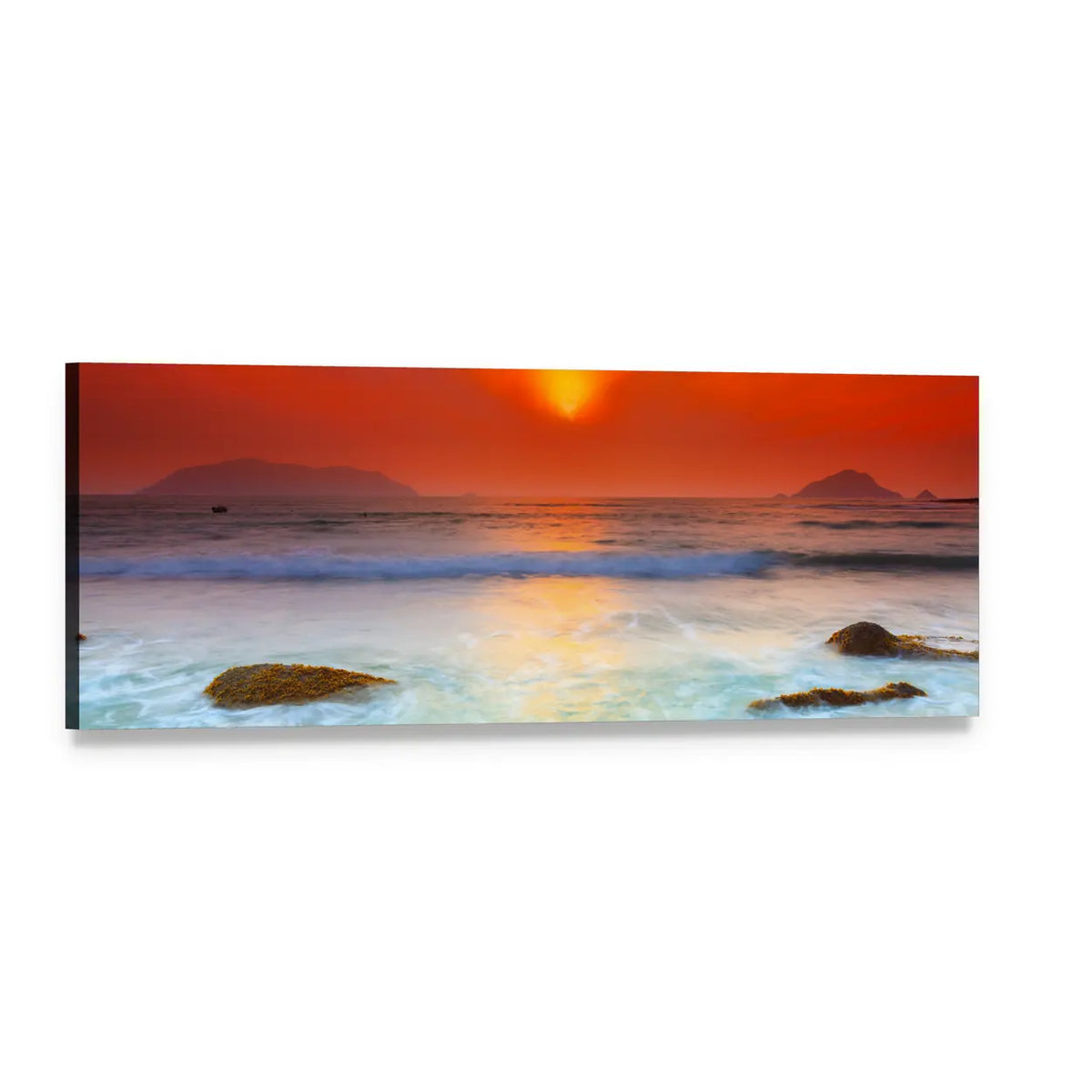 Sunrise Over the Sea Panoramic Canvas Wall Art, single panel gallery wrapped canvas, angled product view