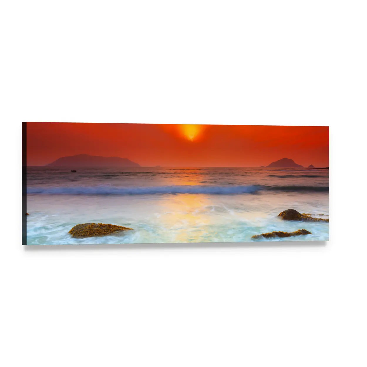 Sunrise Over the Sea Panoramic Canvas Wall Art, single panel gallery wrapped canvas, angled product view