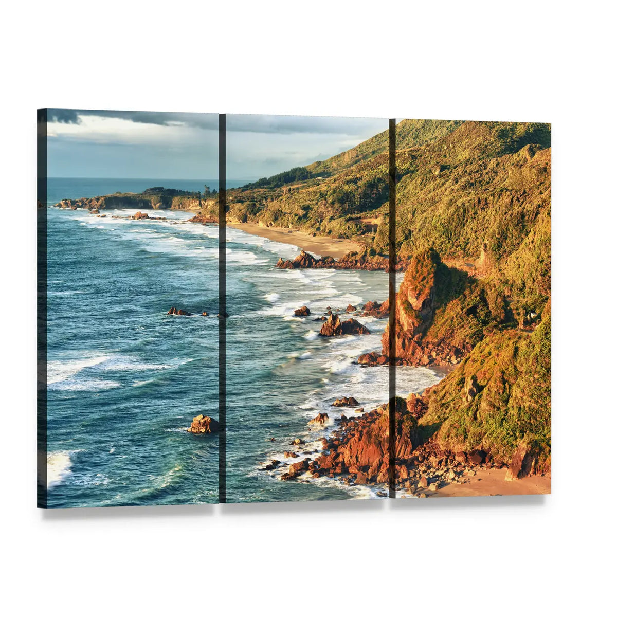 Tasman Sea Coastline Canvas Wall Art, 3 panel 3 Horizontal layout gallery wrapped canvas set, angled product view