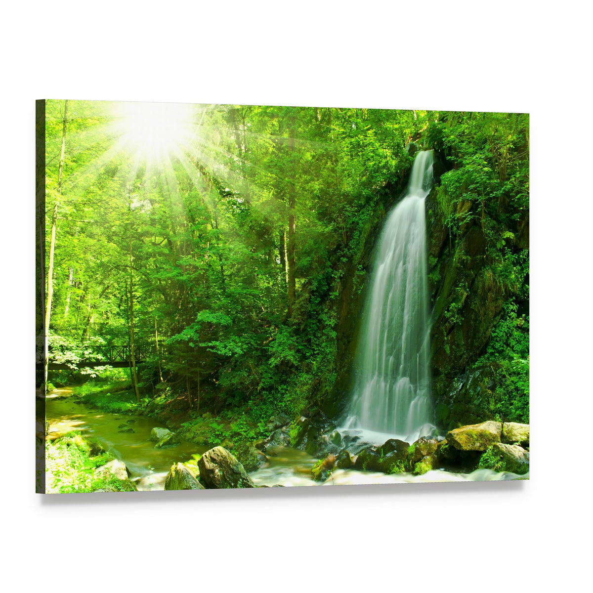 Waterfall Through Green Forest Canvas Wall Art, single panel gallery wrapped canvas, angled product view