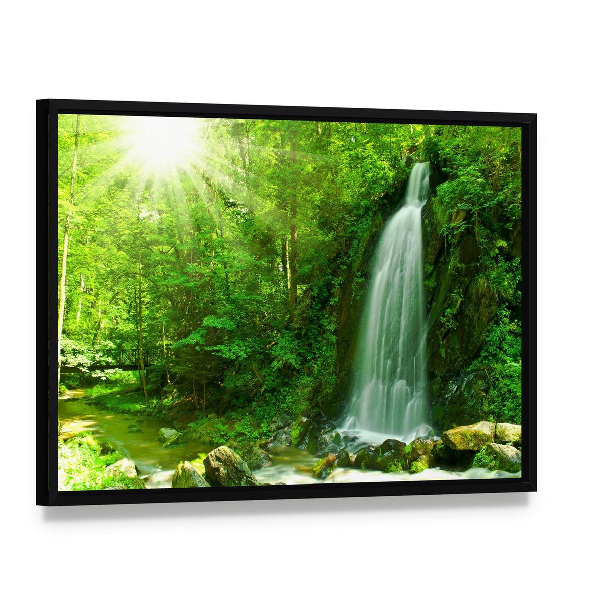 Waterfall Through Green Forest Canvas Wall Art, framed canvas in a black floater frame, angled product view