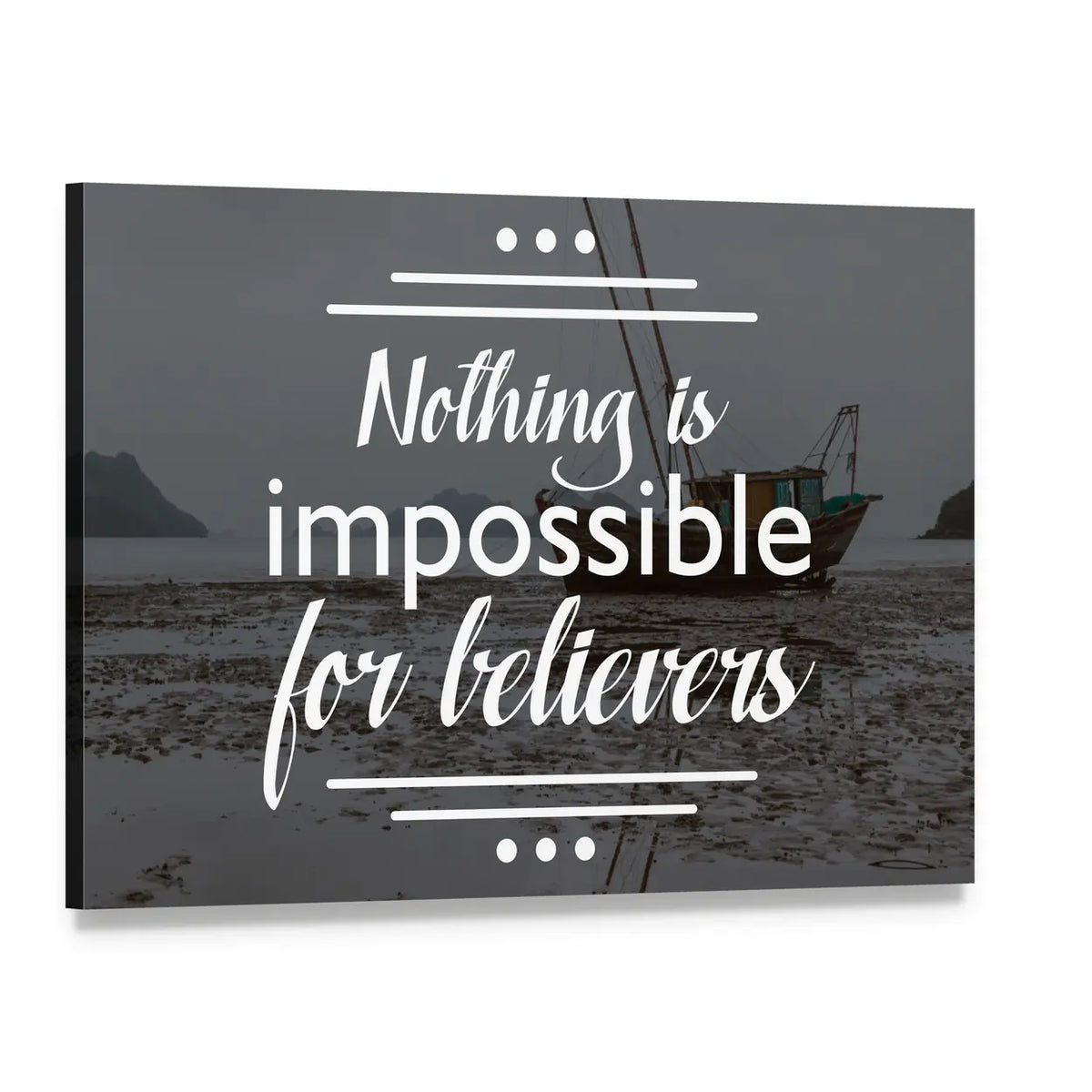 Nothing Is Impossible for Believers Typography Canvas Wall Art, single panel gallery wrapped canvas, angled product view