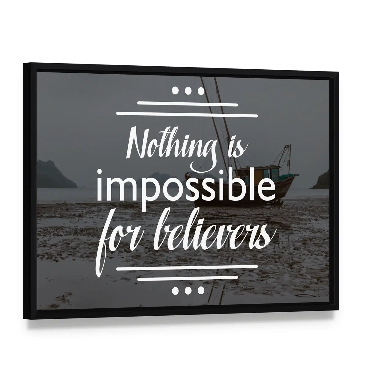 Nothing Is Impossible for Believers Typography Canvas Wall Art, framed canvas in a black floater frame, angled product view