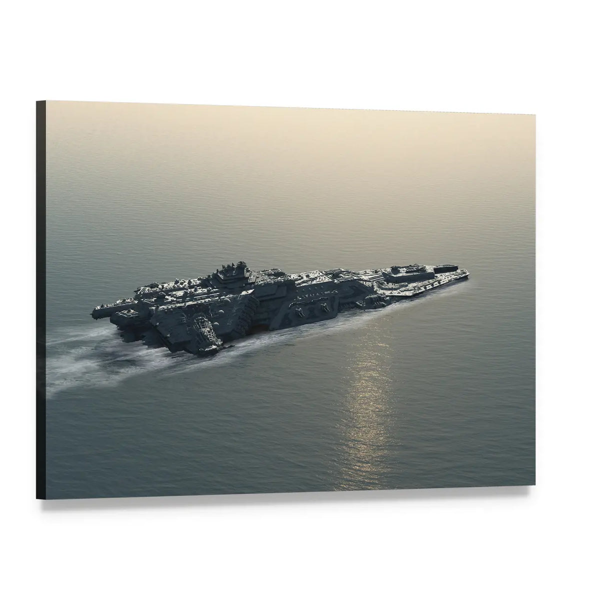 Futuristic Battleship at Sea Canvas Wall Art, single panel gallery wrapped canvas, angled product view