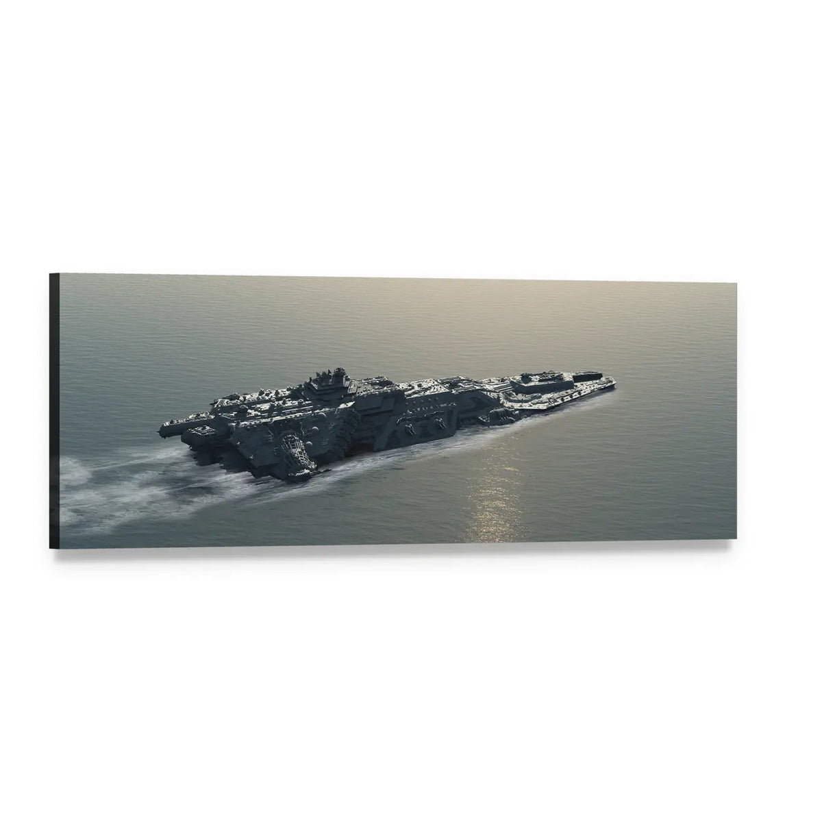 Futuristic Industrial Battleship at Sea Panoramic Canvas Wall Art, single panel gallery wrapped canvas, angled product view
