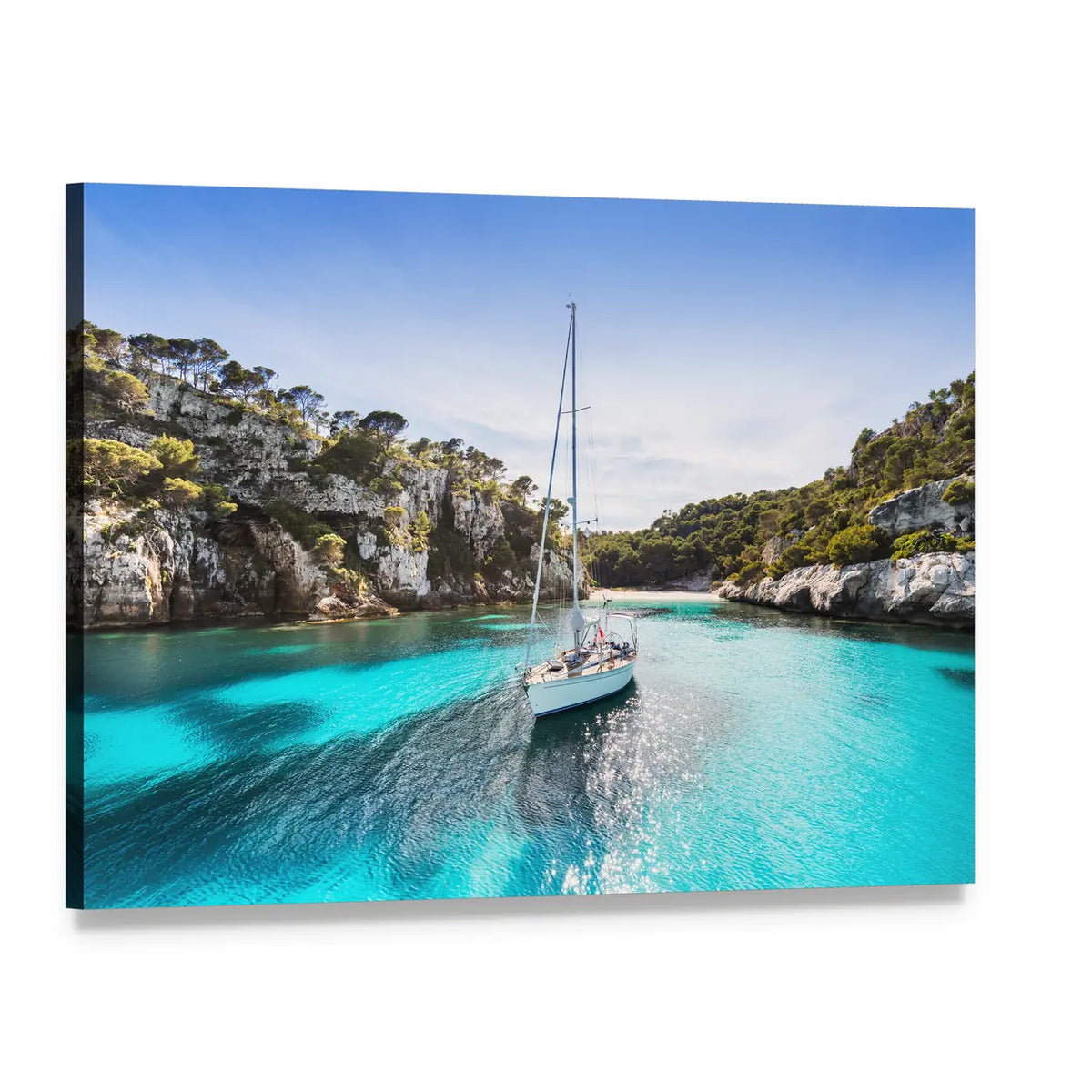 Anchored Sailboat in Turquoise Bay Canvas Wall Art, single panel gallery wrapped canvas, angled product view