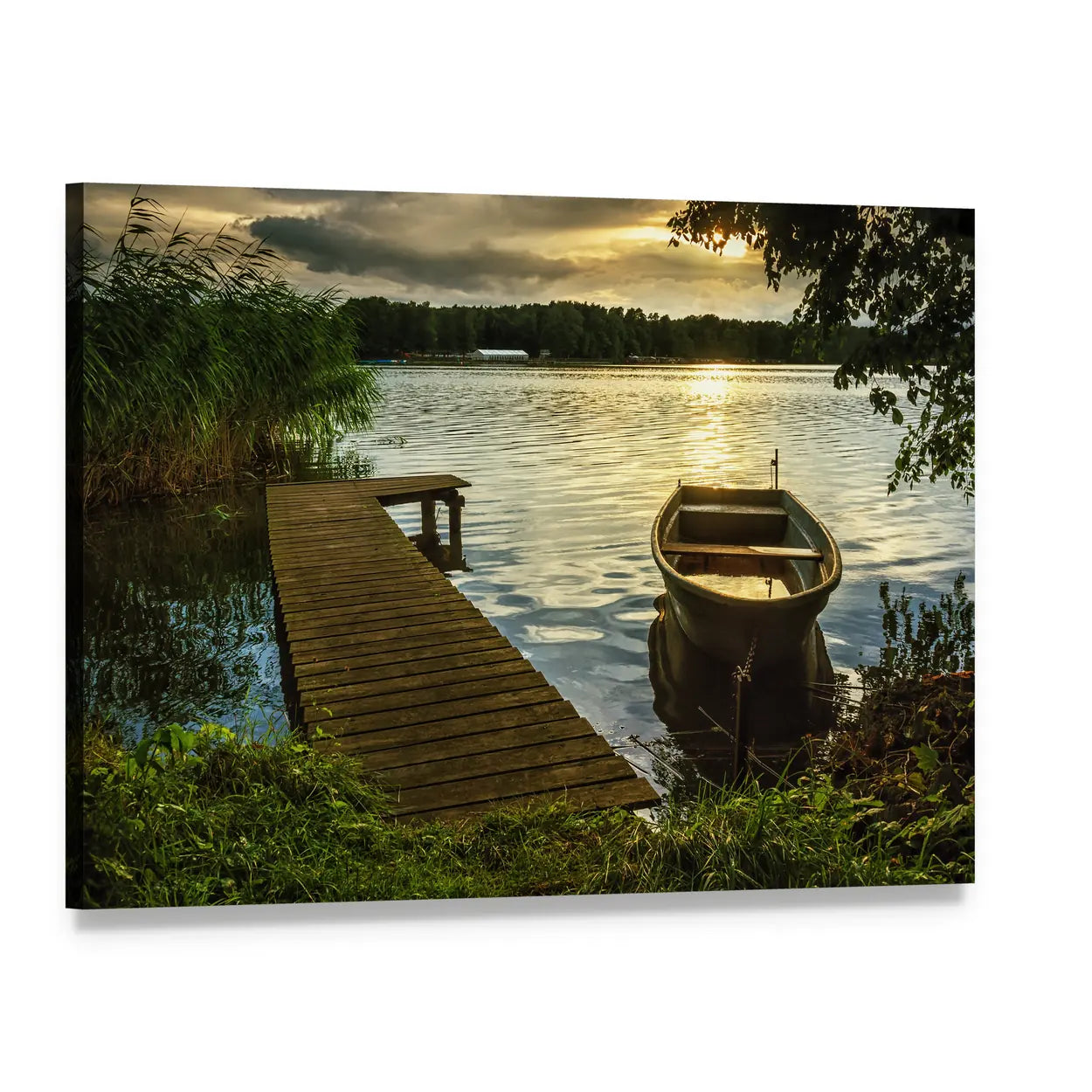 Sunset on a Lake Canvas Wall Art, single panel gallery wrapped canvas, angled product view