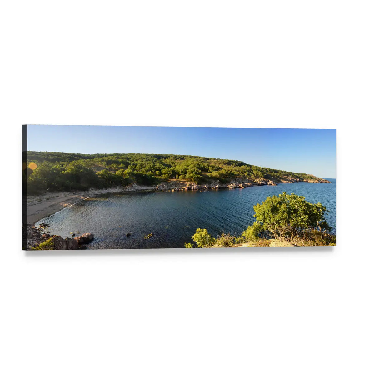 Tranquil Coastal Bay with Sandy Cove Panoramic Canvas Wall Art, single panel gallery wrapped canvas, angled product view