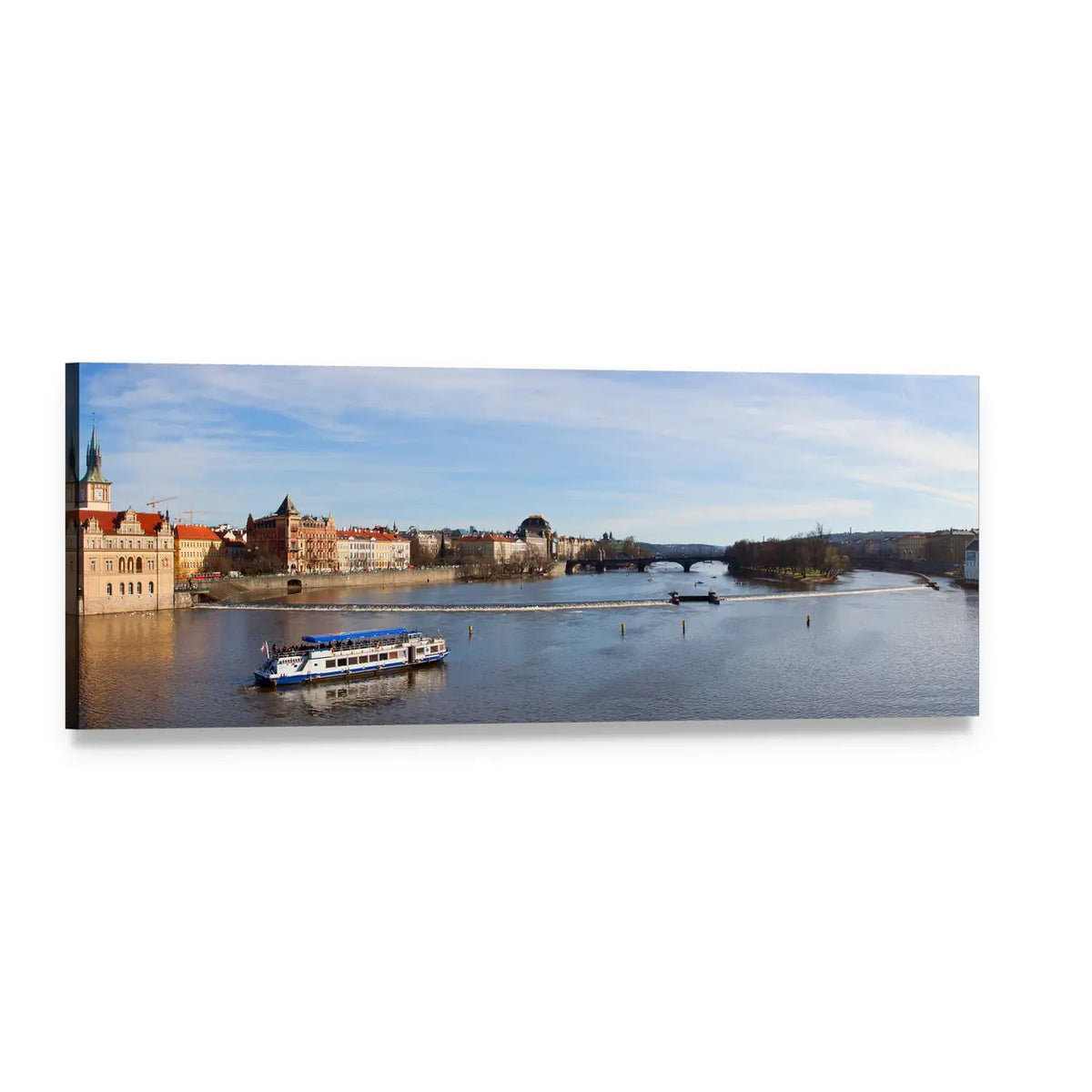 Prague Riverfront with Stone Bridge Panoramic Canvas Wall Art, single panel gallery wrapped canvas, angled product view