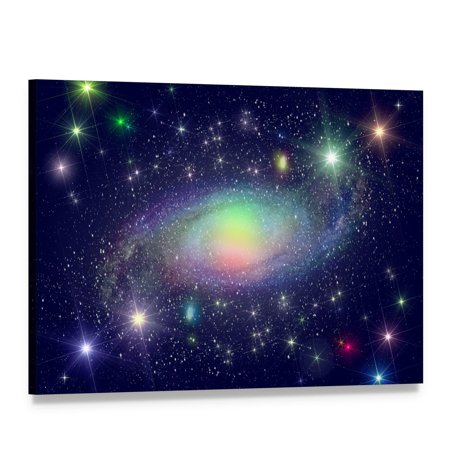 Spiral Galaxy Surrounded by Stars Canvas Wall Art, single panel gallery wrapped canvas, angled product view