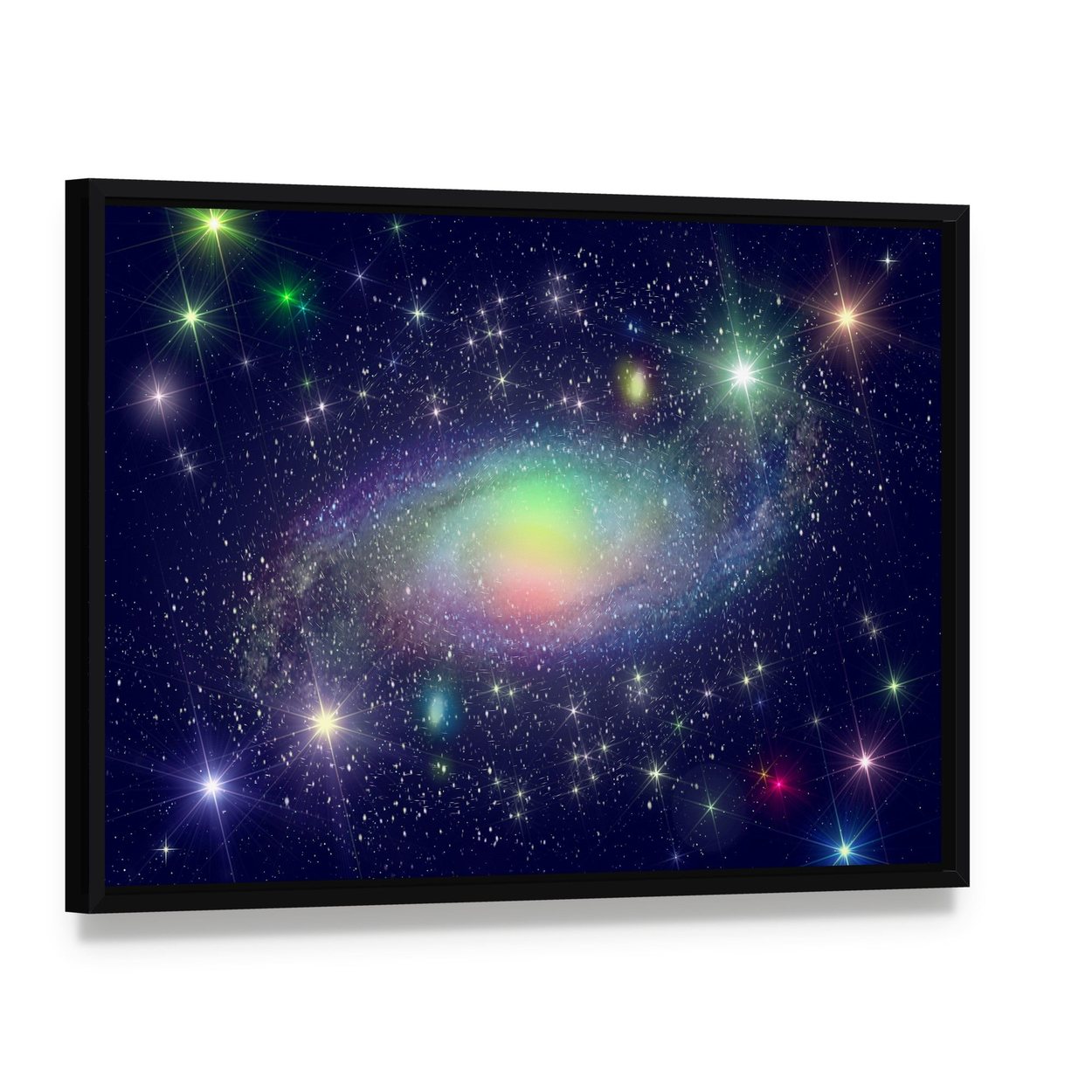 Spiral Galaxy Surrounded by Stars Canvas Wall Art, framed canvas in a black floater frame, angled product view