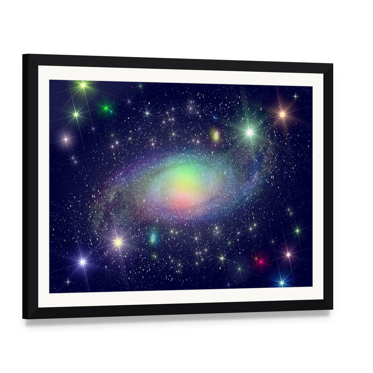 Spiral Galaxy Surrounded by Stars Canvas Wall Art, framed print with white mat and black frame, angled product view