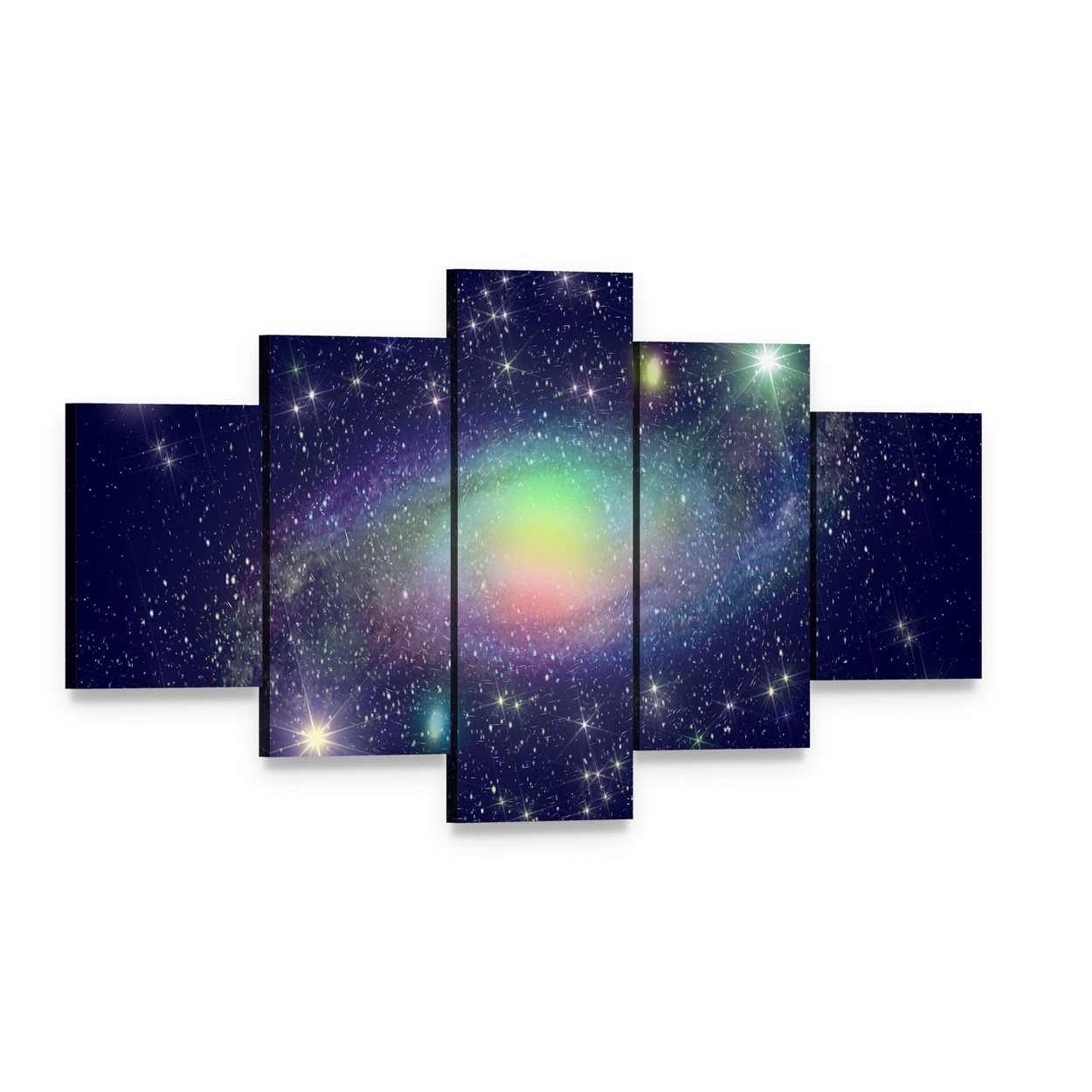 Spiral Galaxy Surrounded by Stars Canvas Wall Art, 5 panel 5 Star layout gallery wrapped canvas set, angled product view
