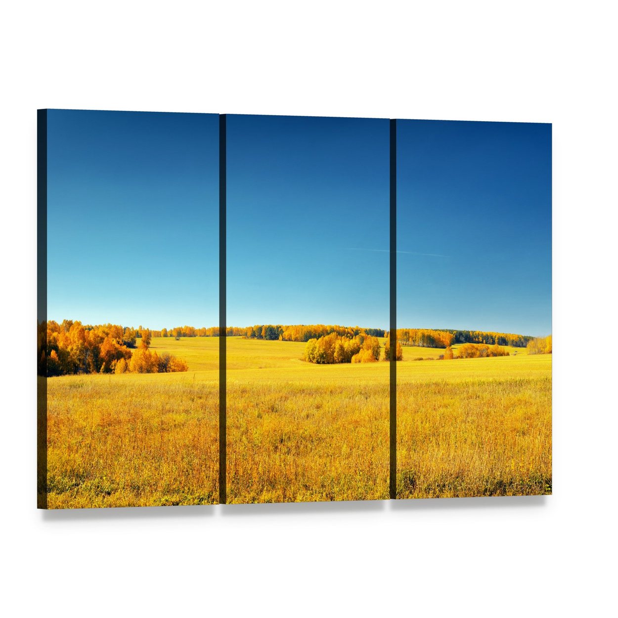 Yellow Field and Blue Sky Canvas Wall Art, 3 panel 3 Horizontal layout gallery wrapped canvas set, angled product view