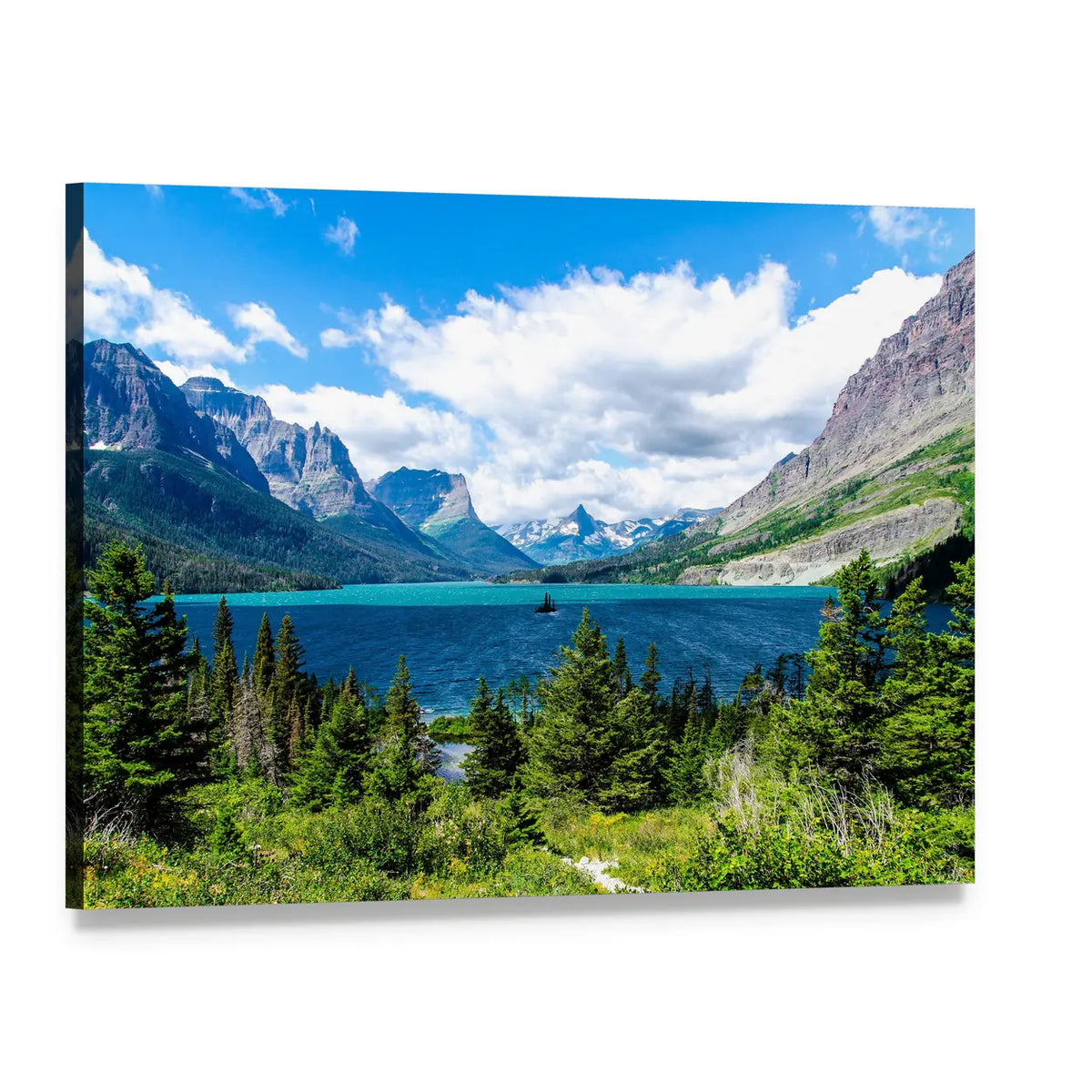 Daytime Forest, Mountain and Lake Canvas Wall Art, single panel gallery wrapped canvas, angled product view