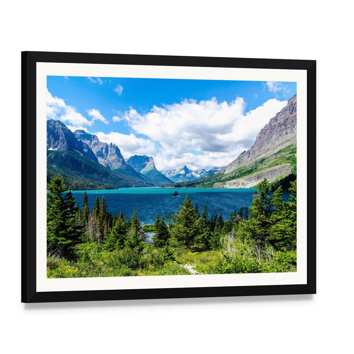 Daytime Forest, Mountain and Lake Canvas Wall Art, framed print with white mat and black frame, angled product view
