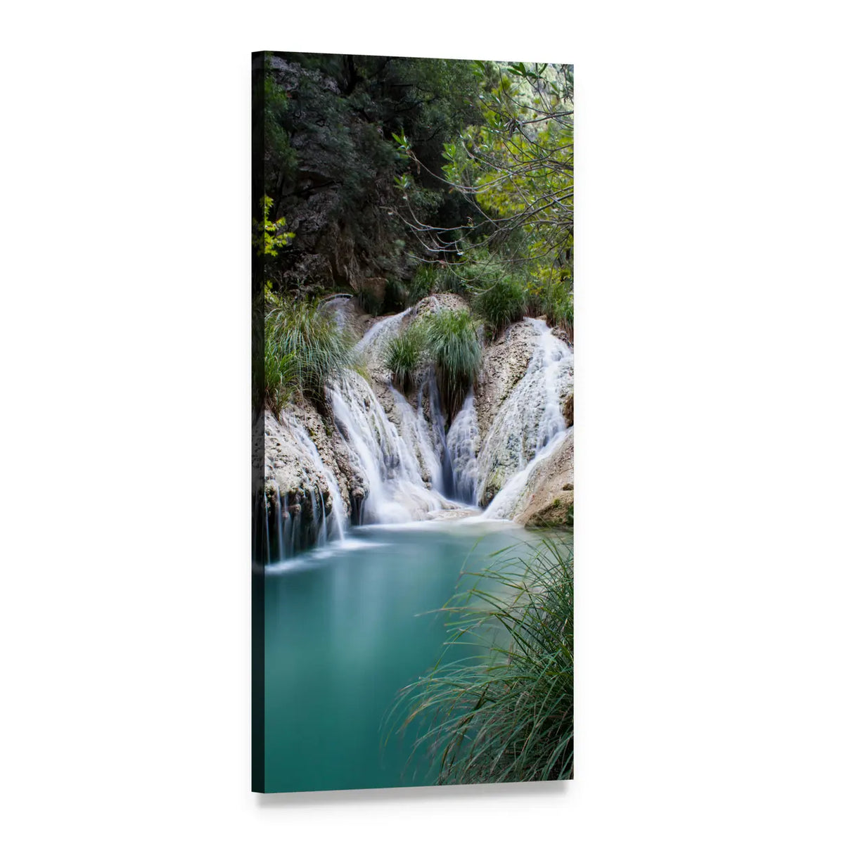 Natural Forest Waterfall Vertical Canvas Wall Art, 1 panel 1 Vertical layout gallery wrapped canvas set, angled product view