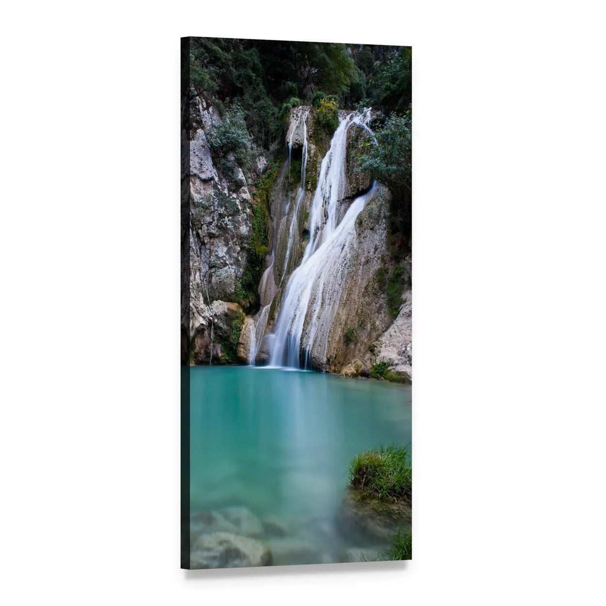 Long-exposure Forest Waterfall Vertical Canvas Wall Art, 1 panel 1 Vertical layout gallery wrapped canvas set, angled product view