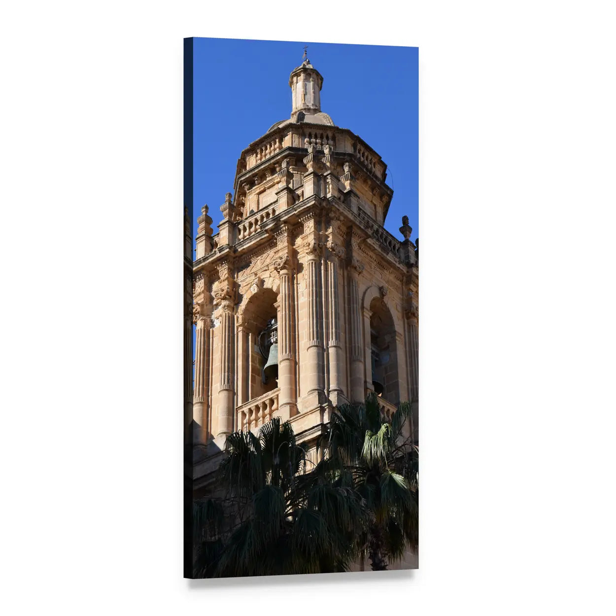 Historic Bell Tower with Palm Trees Vertical Canvas Wall Art, 1 panel 1 Vertical layout gallery wrapped canvas set, angled product view