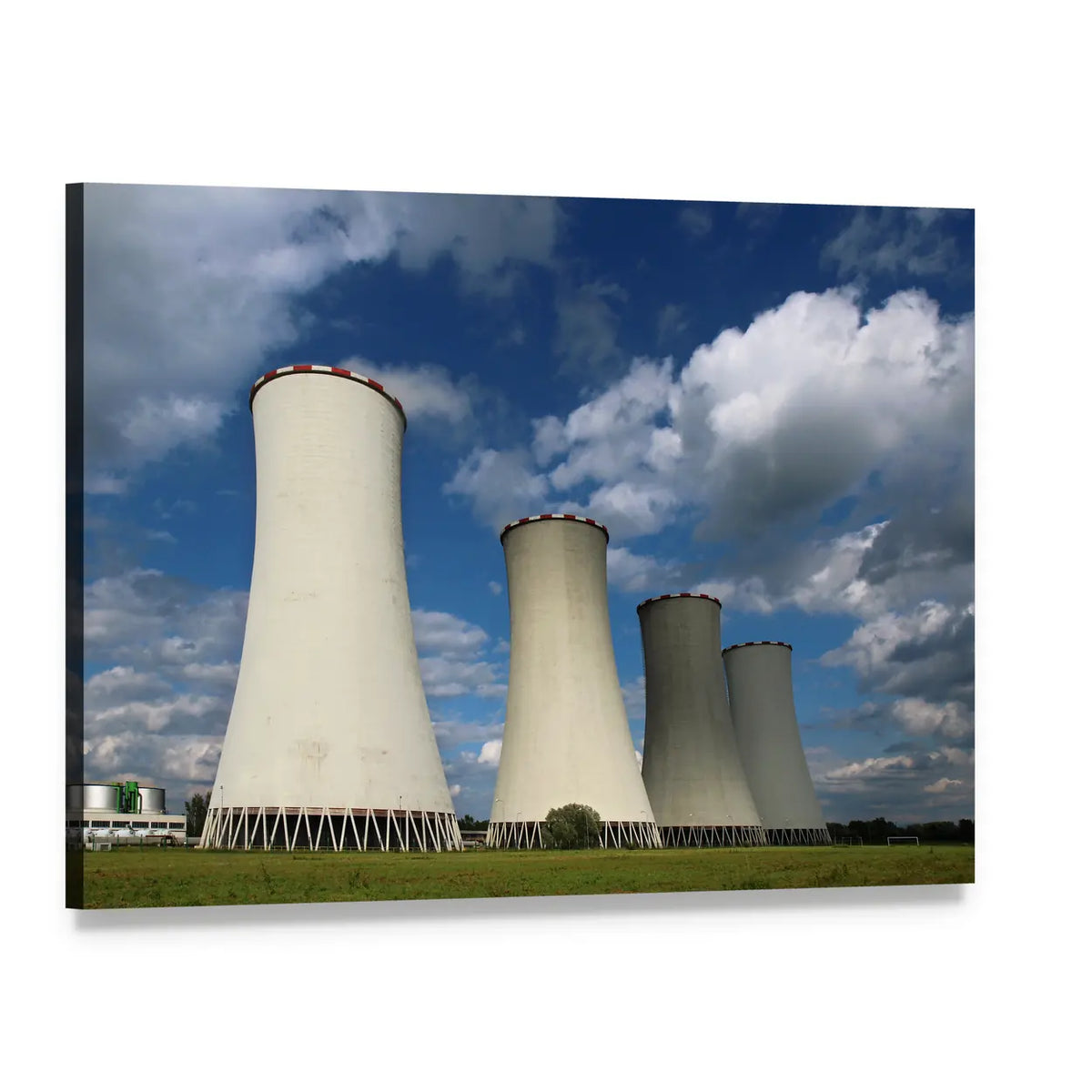 Four Cooling Towers Under Blue Sky Canvas Wall Art, single panel gallery wrapped canvas, angled product view